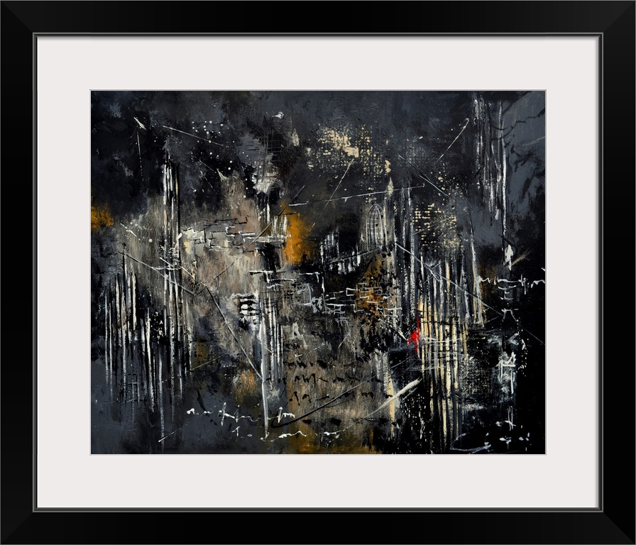 Abstract painting in dark shades of black, white and gray with splatters of paint overlapping and vertical lines.