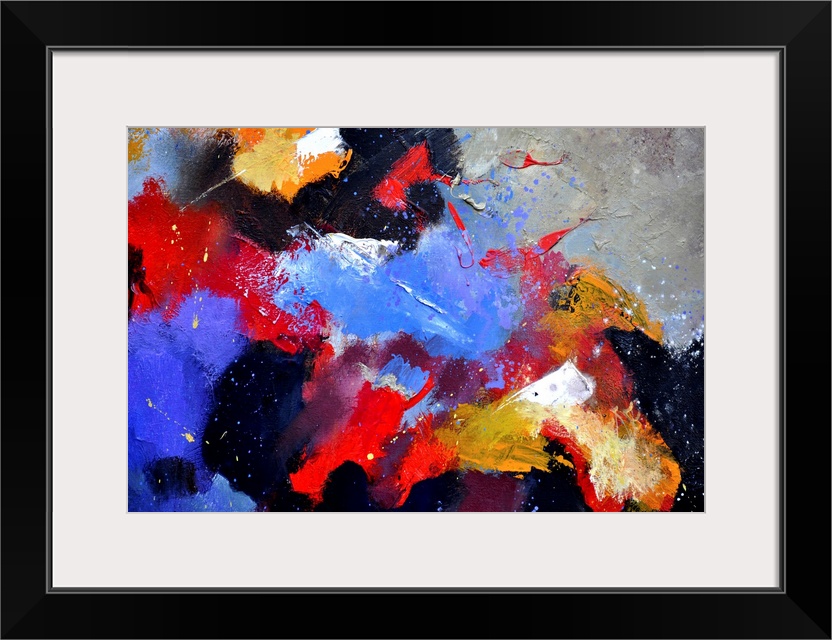 Horizontal painting with vibrant hues in shades of red, yellow, blue, orange and white mixed in with black contrasting des...
