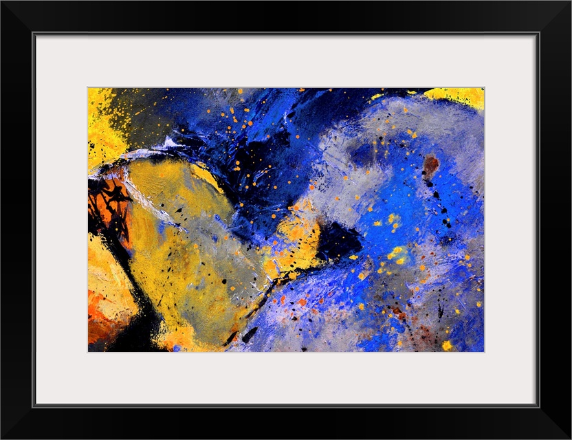 Abstract painting in dark shades of black, blue, white and yellow with splatters of paint overlapping.