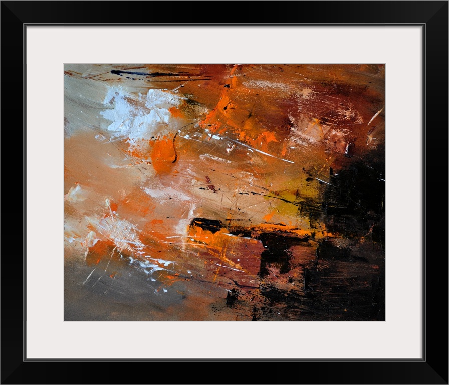 Abstract painting in textured shades of orange, black and white with splatters of paint overlapping.