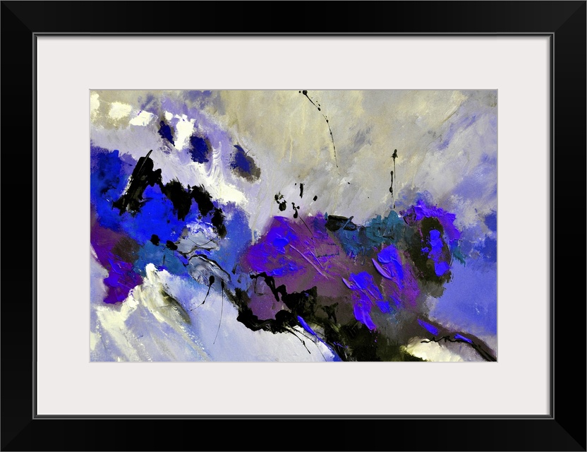 Abstract painting in dark shades of black, blue and gray with splatters of paint overlapping.