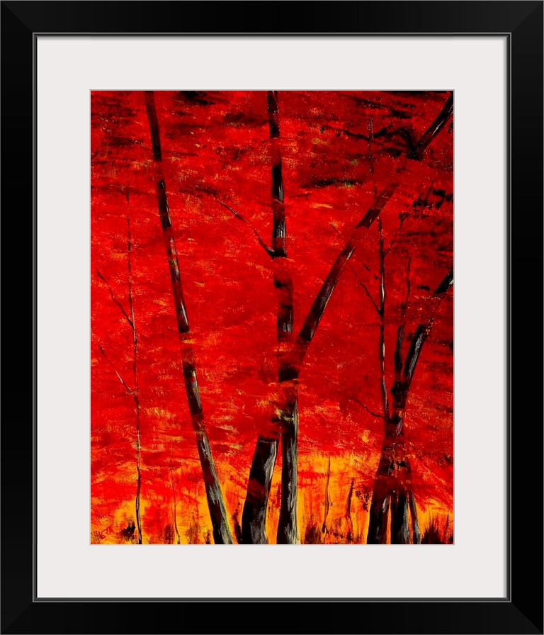 A intense contemporary painting of trees in a forest, with leaves of red and yellow.