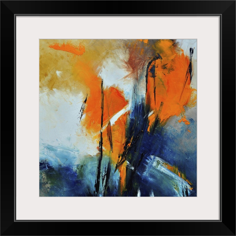 A square abstract painting with deep textured colors of orange and blue.