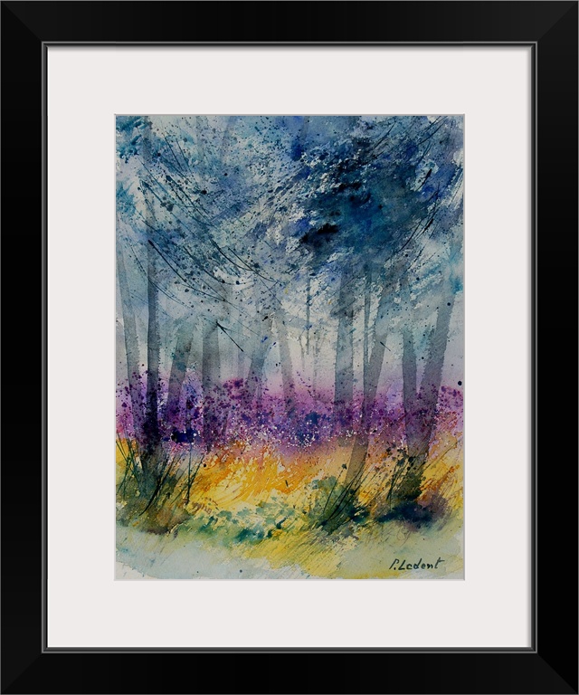 Watercolor painting of a trees in a forest done in vibrant colors of yellow, pink and blue.