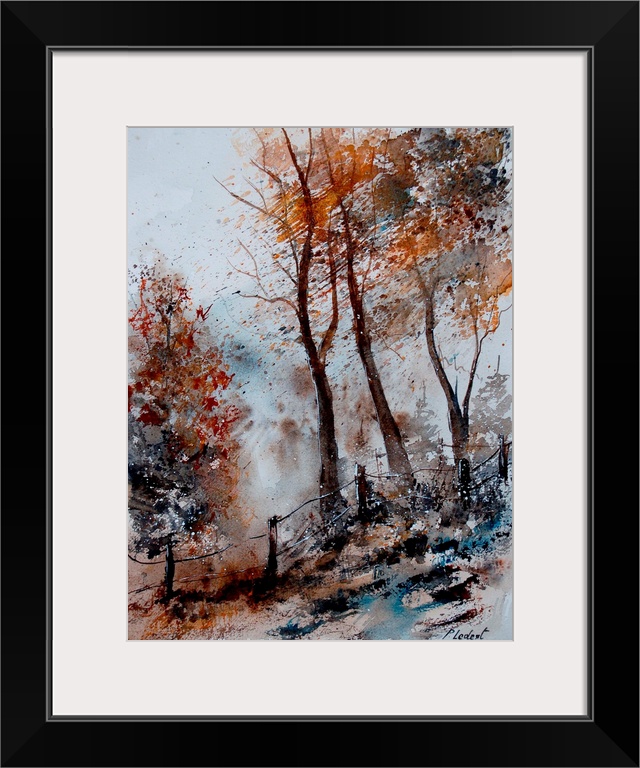 Watercolor painting of trees in a forest done in muted colors of brown, gray and blue.