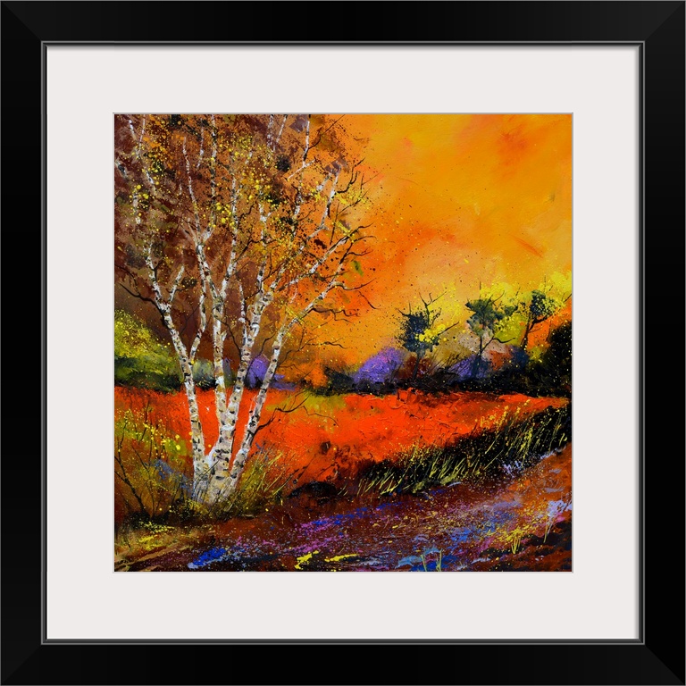 Square painting of an Autumn landscape with orange and yellow flowers in the foreground and a bright warm sky in the backg...