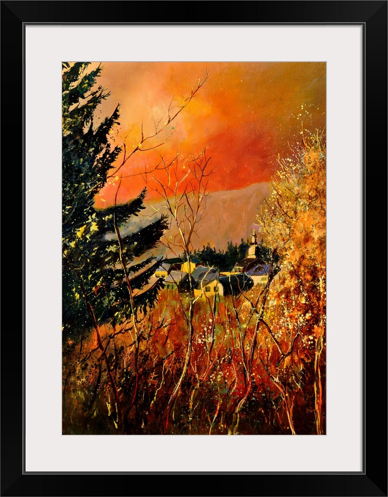 Vertical painting of an Autumn landscape with orange and yellow flowers in the foreground and a bright warm sky in the bac...