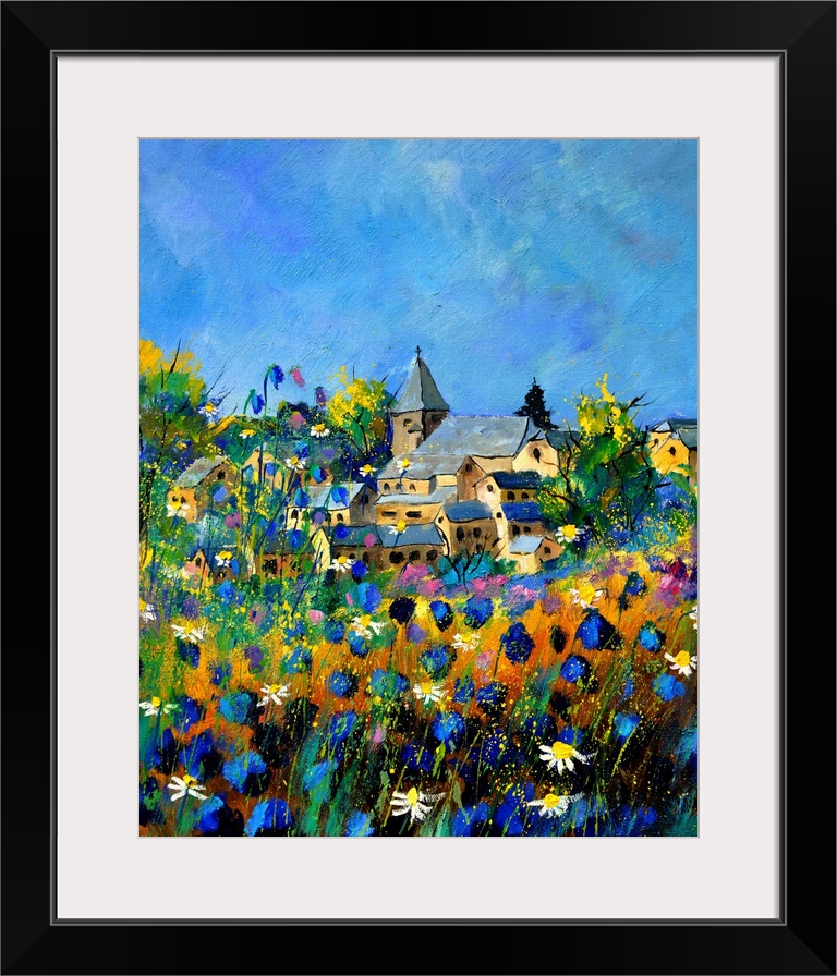 Vertical painting of a field of colorful flowers in the foreground and a Belgium village in the background with a blue sky...