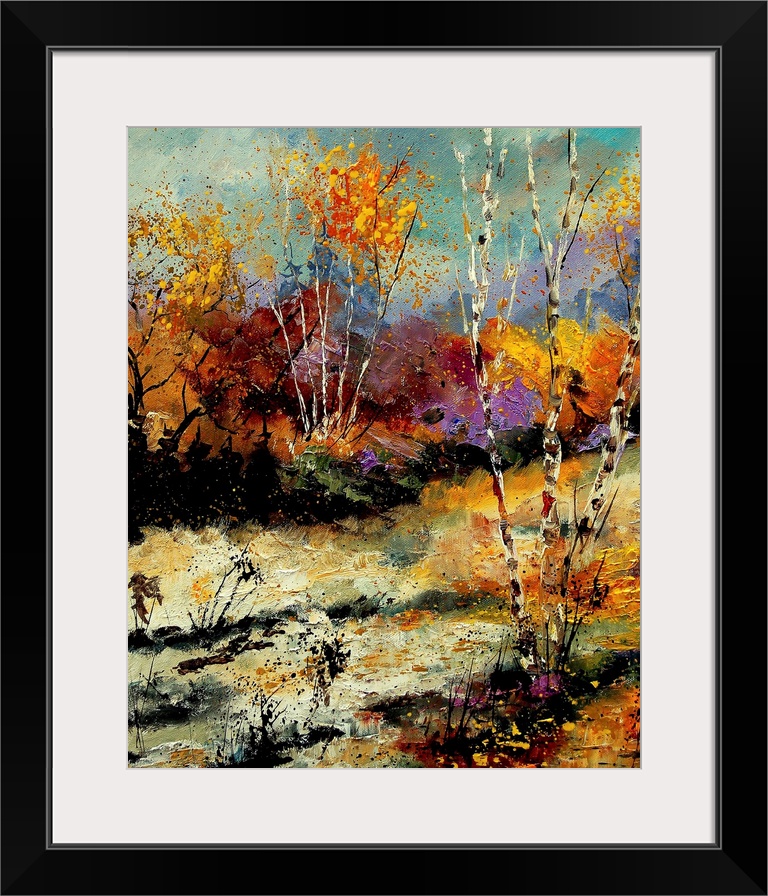 Vertical painting of a forest of colorful birch trees in the fall.