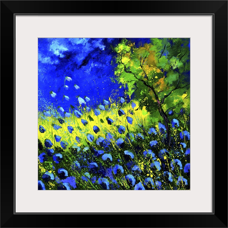 Square painting of blue poppies in a field and a bright blue sky with small speckles of paint overlapping.