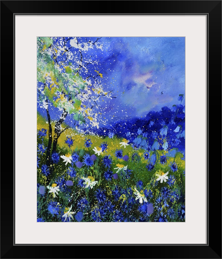 Vertical painting of colorful flowers in a garden and a bright blue sky with small speckles of paint overlapping.