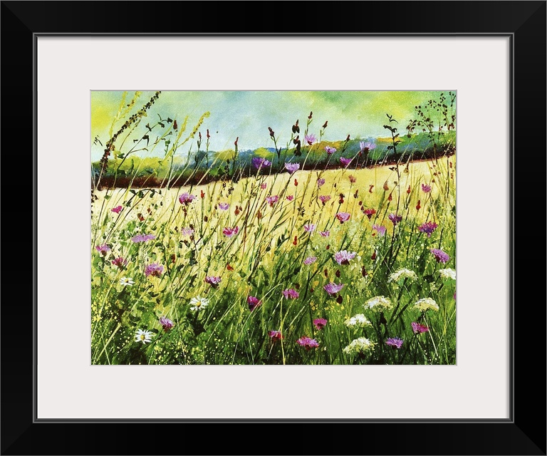 A horizontal abstract landscape of a field of wild flowers in vibrant colors.