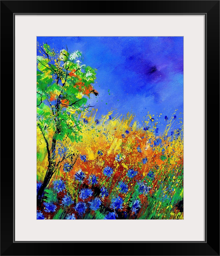 Vertical painting of colorful flowers in a garden and a bright blue sky with small speckles of paint overlapping.