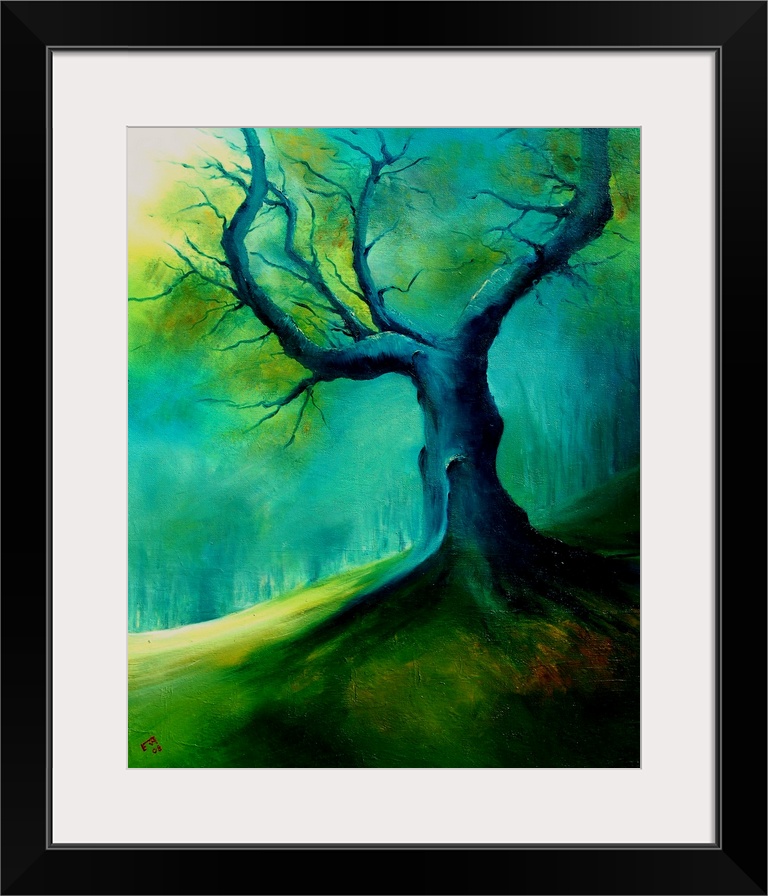 A dark, moody painting of a desolate, aged tree in shades of blue and green.