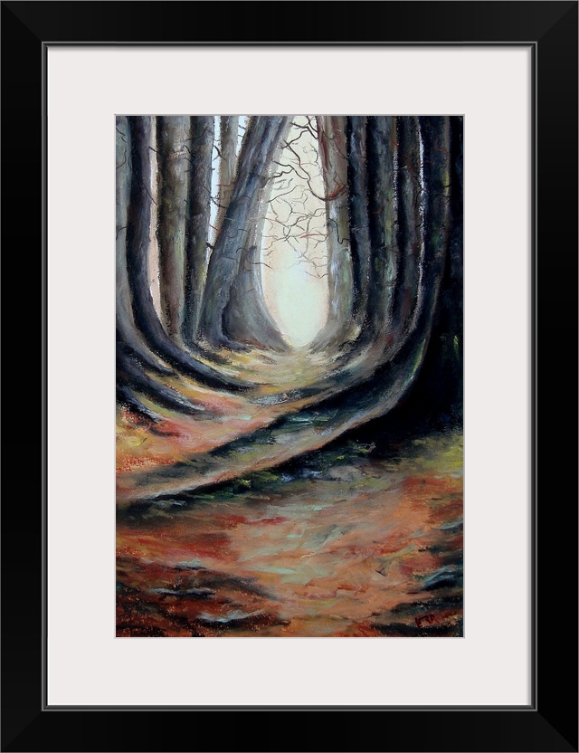 A vertical painting of a path through a wooded forest.