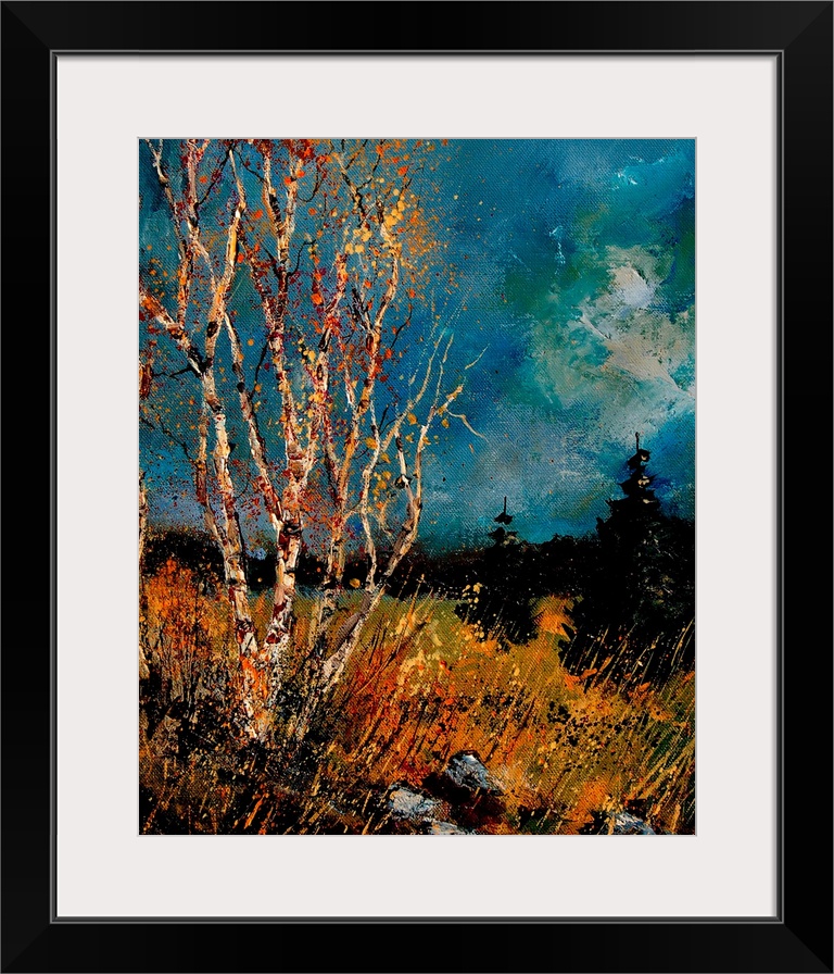 Vertical painting of bare trees in a field of golden grass with a dark stormy sky.