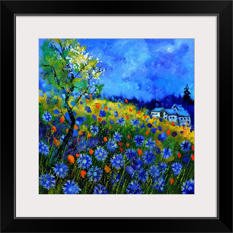 Vibrant painting of a bright Summer day with blossoming flowers, a colorful sky, and a house in the distance.