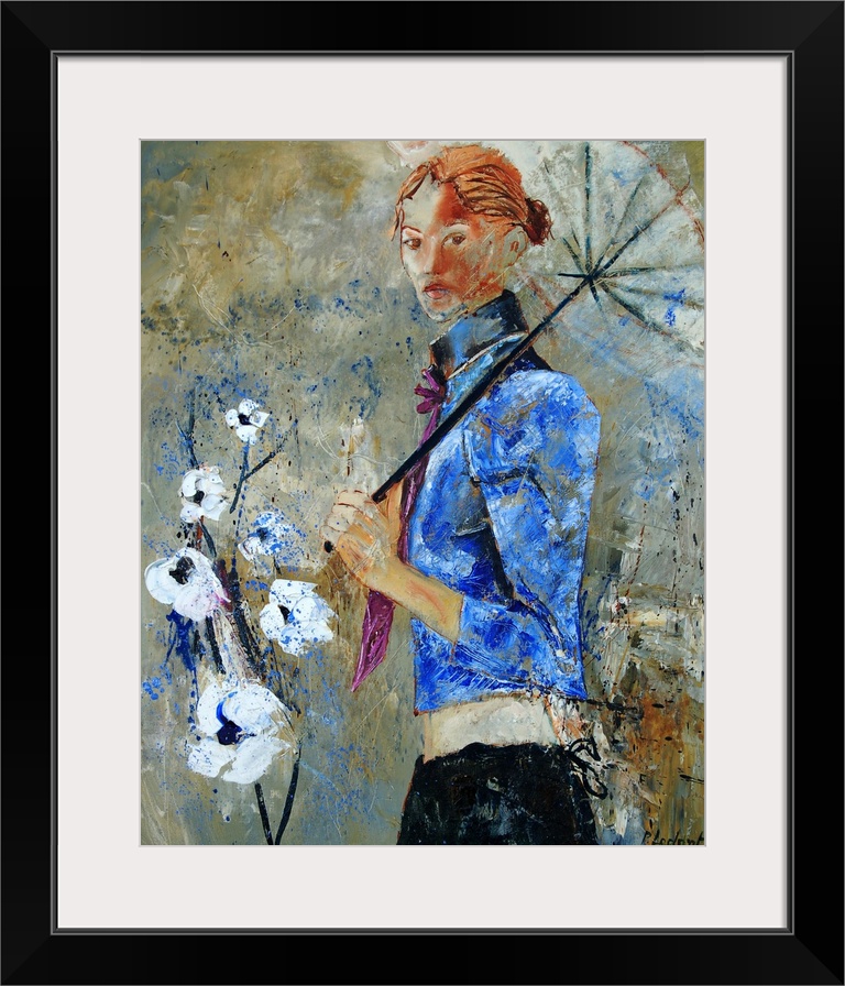 Vertical portrait of a woman in a blue jacket holding an umbrella with white flowers in front of her.