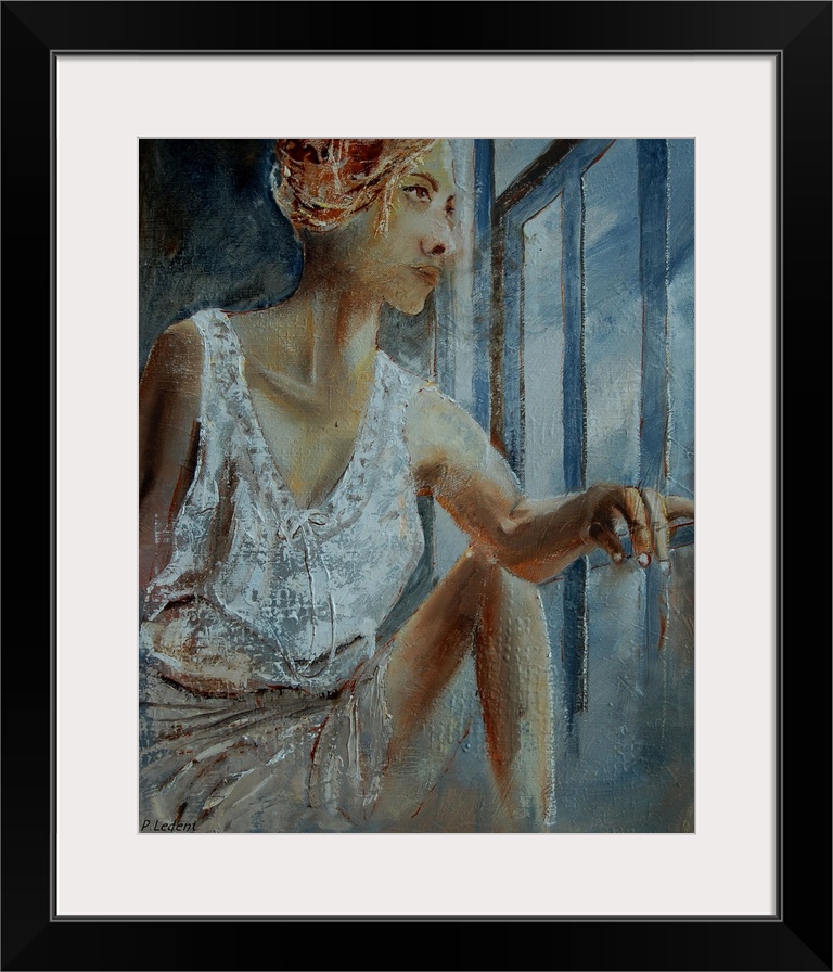 A painting of a woman in white, deep in thought, looking out of a window.