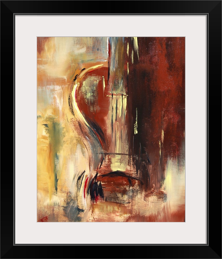 A vertical abstract painting of a violin with muted colors of red and yellow.