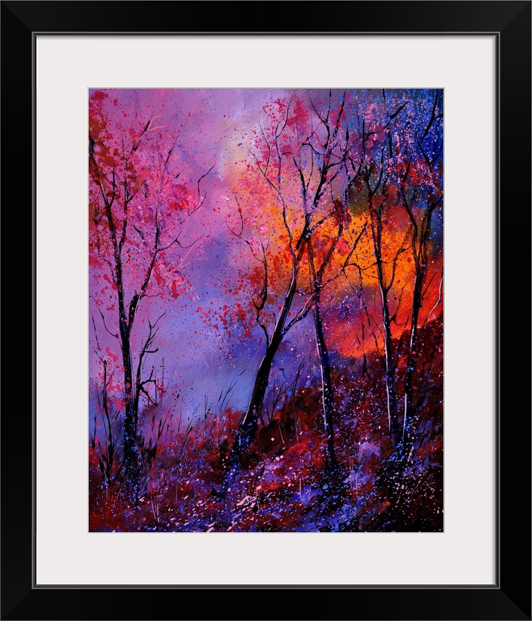 A vibrant colored painting of a forest with a bed of flowers and a pink and orange sky.