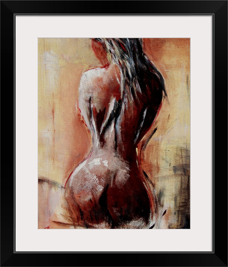 A nude painting of the back of a woman sitting on her legs in textured neutral colors and red accents.