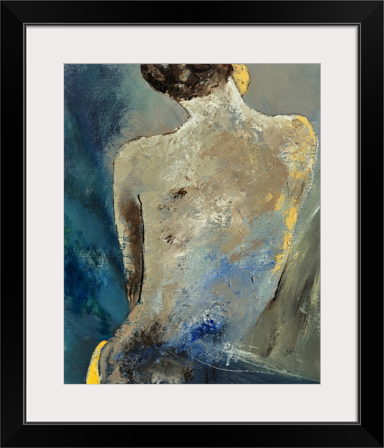 A painting of a nude woman, with her back towards the viewer, done in textured neutral tones.