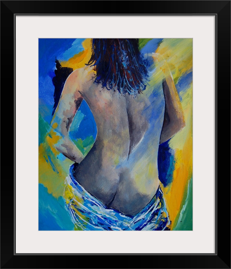 A nude painting of the back of a woman draped in a white cloth in textured colors of blue and yellow.