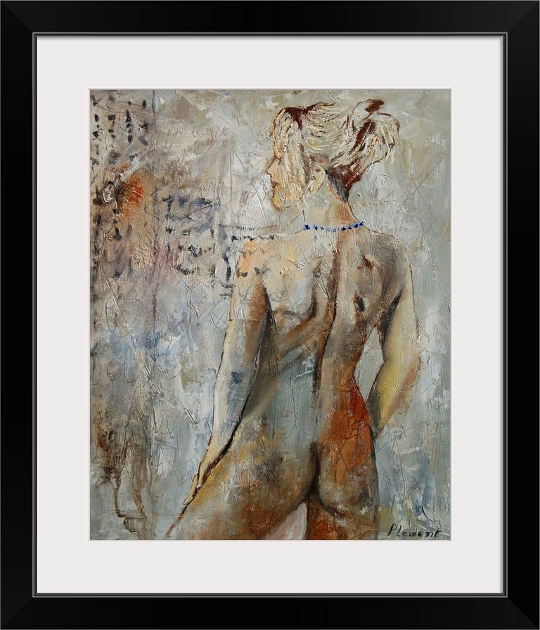 A nude painting of the back of a woman as she looks over her shoulder in neutral shades of textured paint.