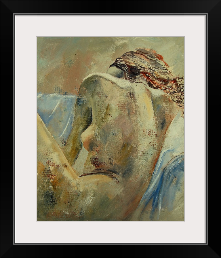 A nude portrait of a woman sitting, facing away, painted in textured neutral colors with blue accents.