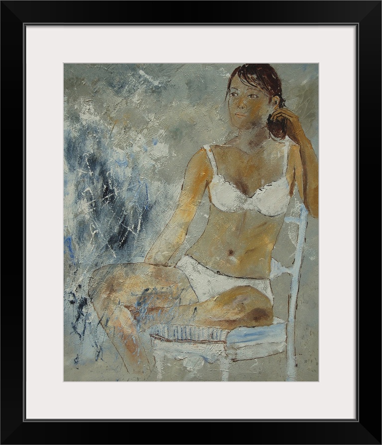 A painting of a woman wearing white lingerie sitting in a chair done in textured neutral tones.