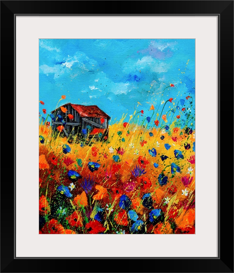 Vertical painting of a field of orange and blue poppies with a barn and splatters of multi-color paint overlapping the image.