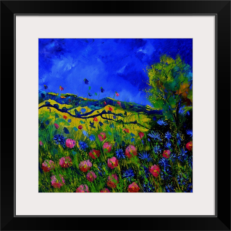 Vibrant painting of a bright Summer day with blooming flowers, a colorful sky, and rolling hills in the distance.