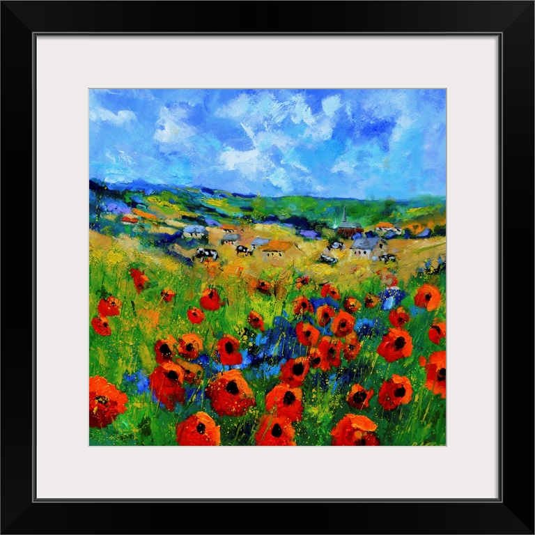 Contemporary abstract painting of a bright field of poppies.