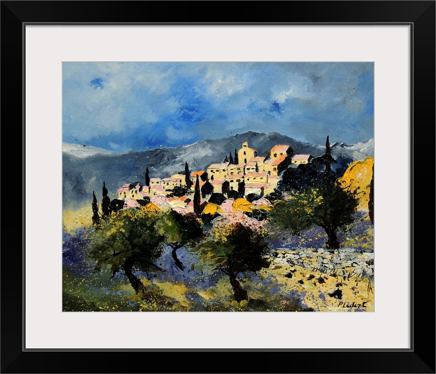 A horizontal abstract landscape of a village with muted colors of green, yellow and blue.