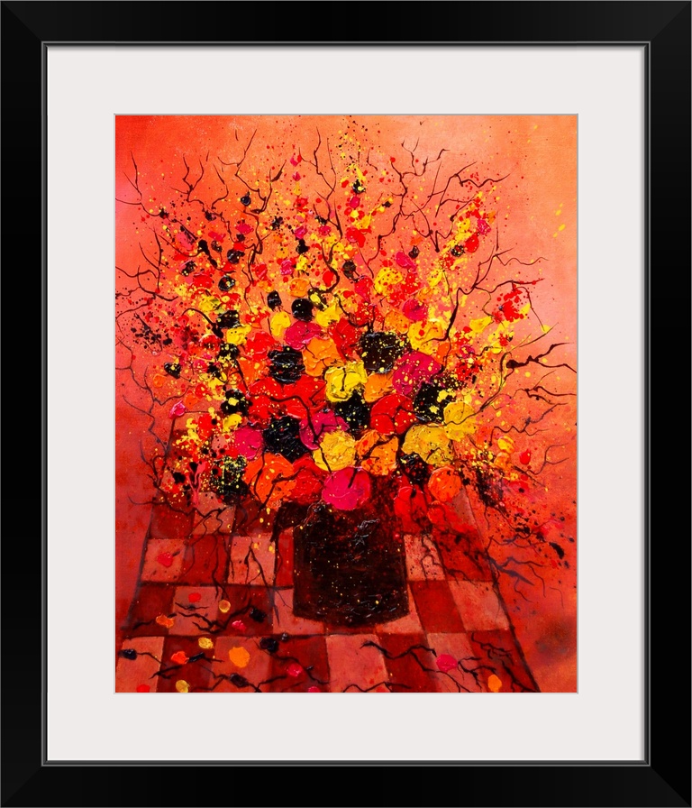 Contemporary painting of a colorful bouquet of flowers in a black vase on a orange and red background.