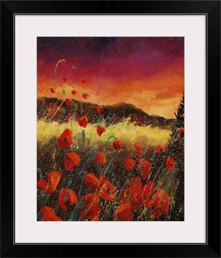 Vertical painting of an vibrant landscape with red poppies in the foreground and a bright warm sky in the background.