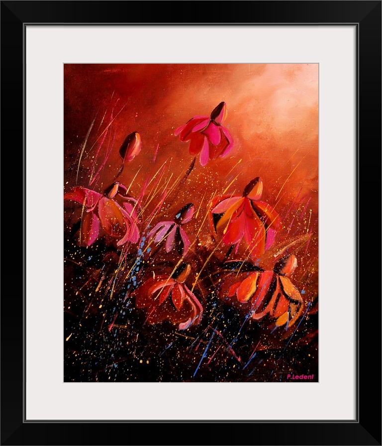 A vertical contemporary painting of red Rudbeckia flowers in bloom done in a texture paint with fine multi-color splatters...