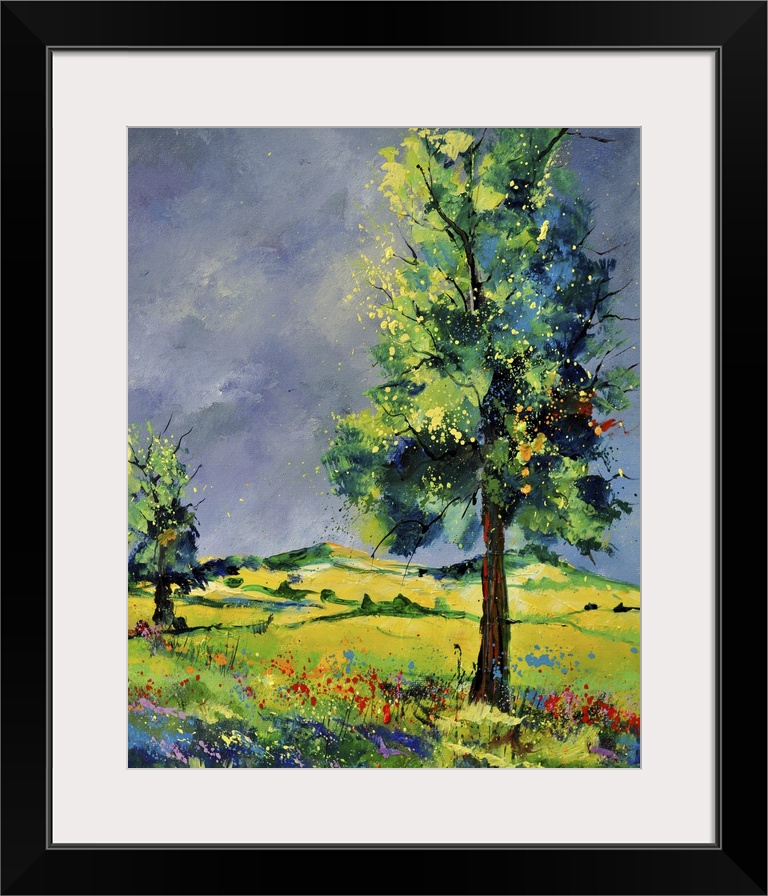 Vertical painting of lively oak trees and rolling hills.