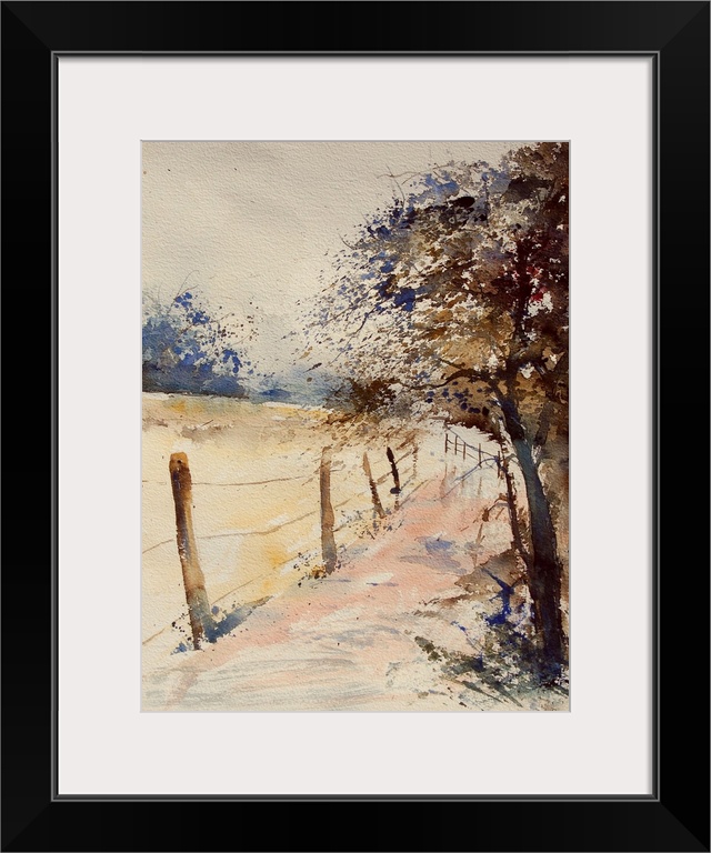 A vertical watercolor painting of a fenced in field lined bya road and trees in the countryside in natural colors of brown...