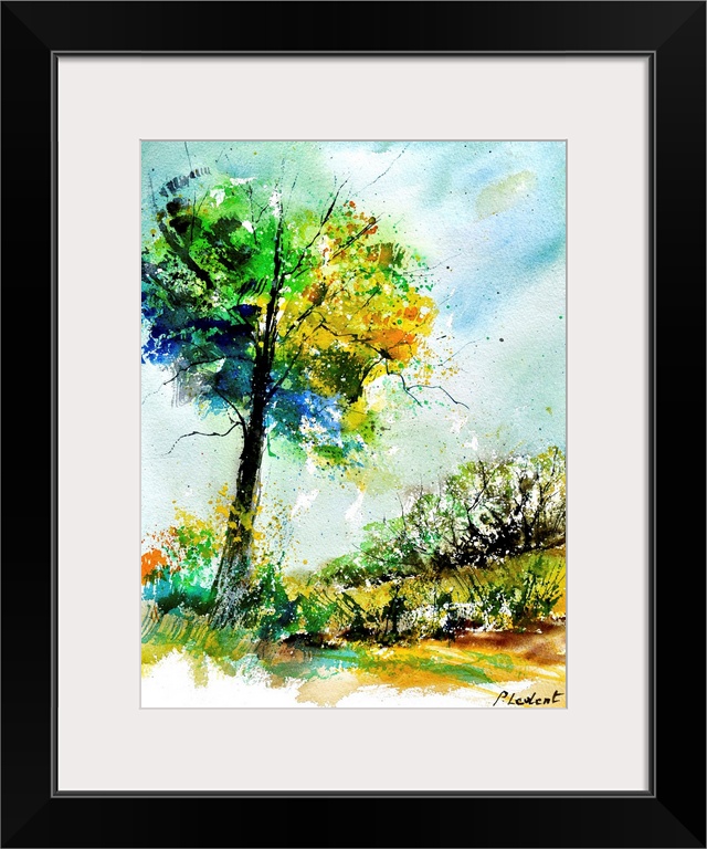 A vertical watercolor landscape of a tree with vibrant speckled colors of yellow, green and blue.