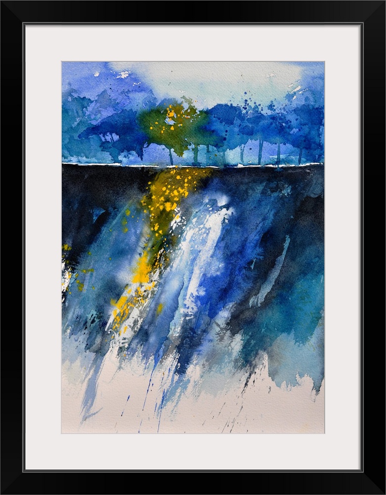 A vertical watercolor landscape in varies shades of blue with yellow accents.