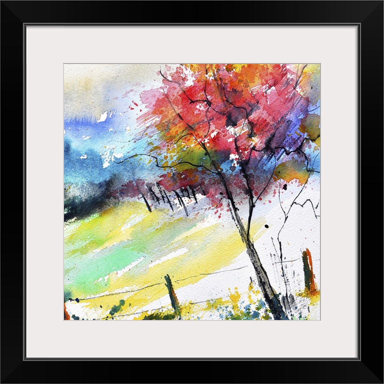 A square watercolor landscape of a tree in autumn colors.