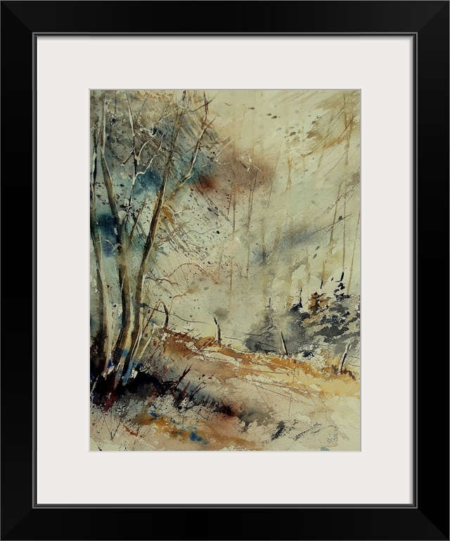 A vertical watercolor painting of a line of trees in the countryside in natural colors of brown, gray and blue.