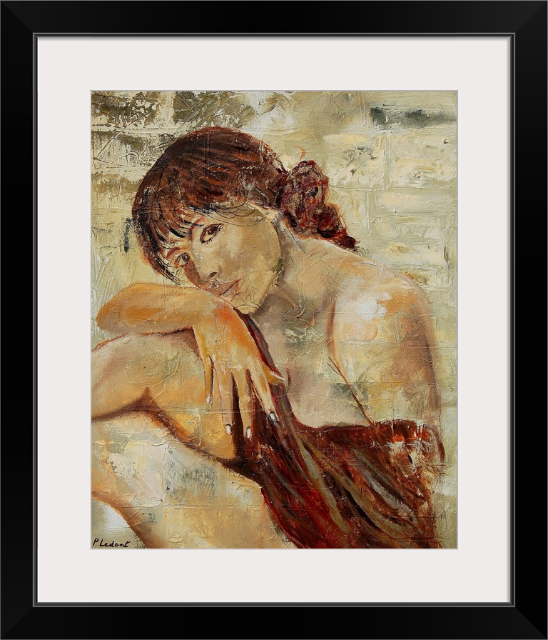 A nude portrait of a woman sitting, painted in textured neutral colors.