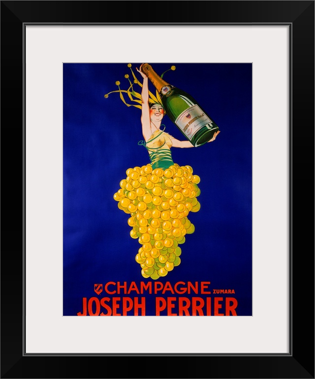 This large vintage poster shows a person in a bushel of grapes holding a large champagne bottle. Red text is printed below.