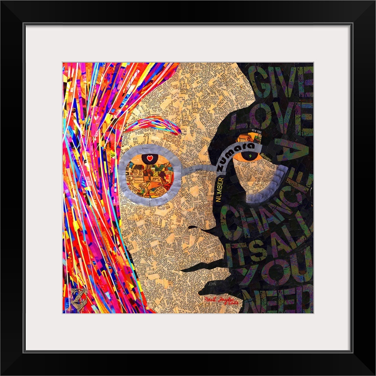 A square portrait of the famous musician collaged together with text, stenciled letters over a painted texture, and vivid ...