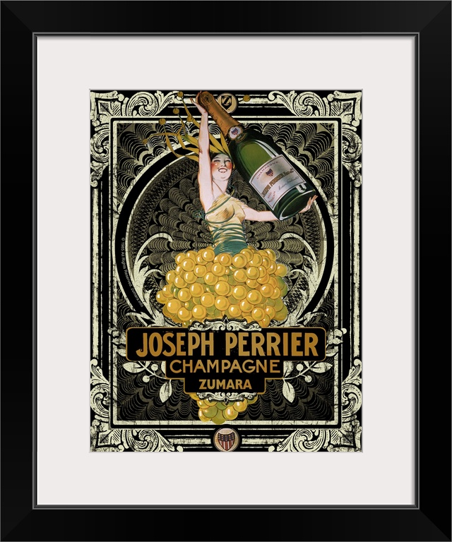 Vintage poster of a person holding up a life size bottle of champagne as they stand in a bushel of grapes.