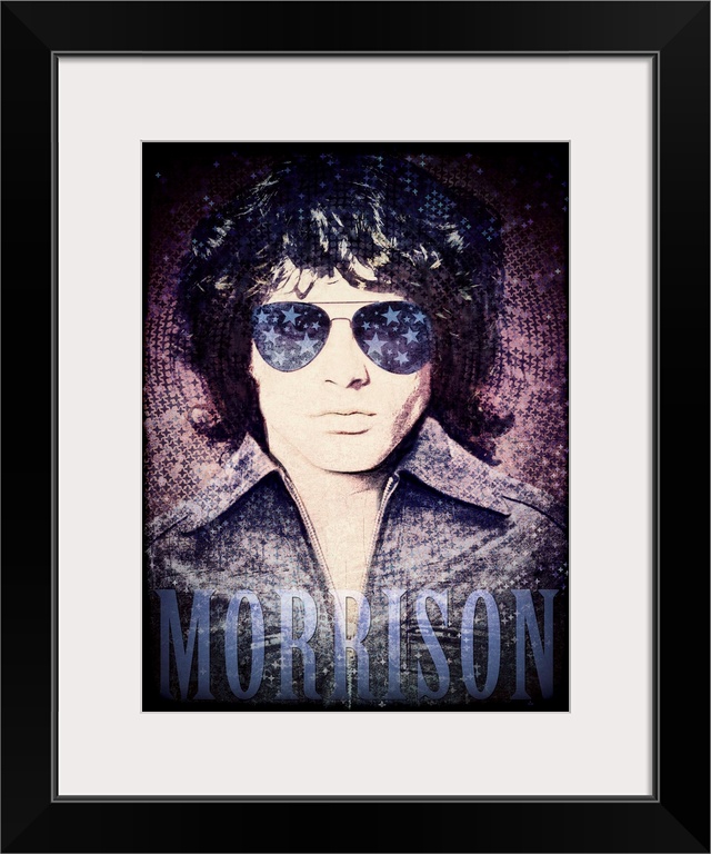 Jim Morrison wearing sunglasses reflecting stars on a psychedelic background with 'Morrison' written at the bottom.
