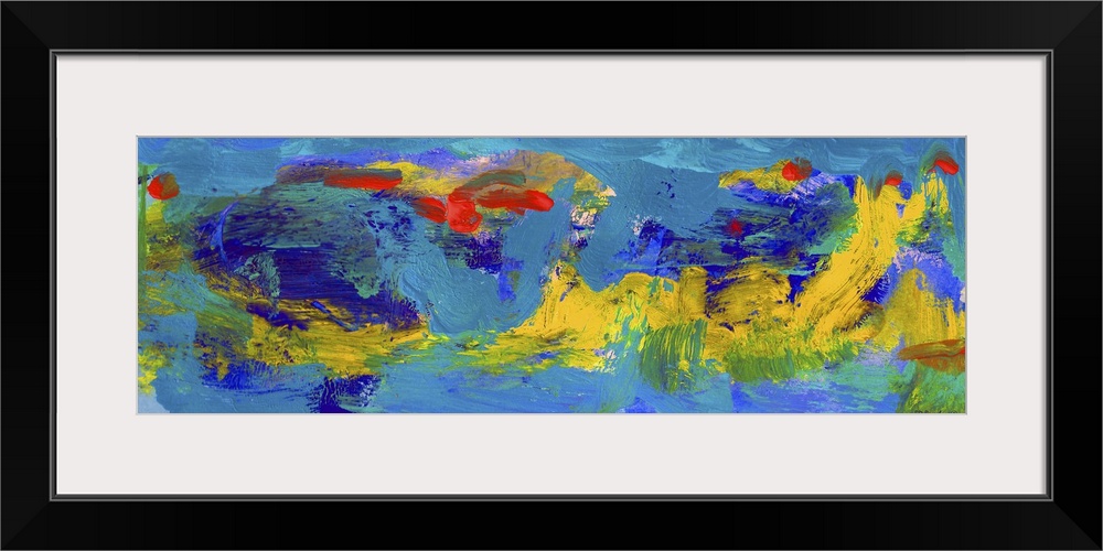 Abstract Blue Carnival Panorama by RD Riccoboni, colors in blue reds orange yellows.